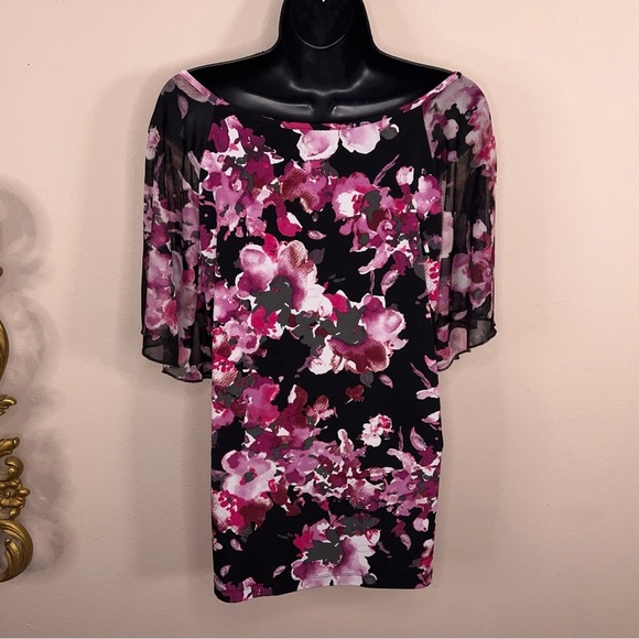 Large Susan Lawrence Blouse Short Sleeve Black Fuchsia Pink Floral Stretch - Picture 3 of 12